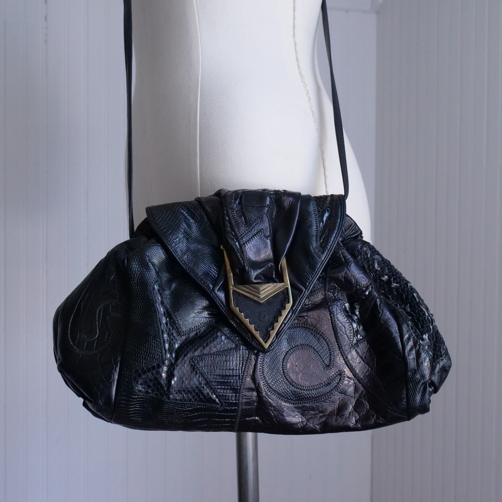 Vintage 80s Sharif black leather patchwork clutch/crossbody bag - Picture 8 of 8